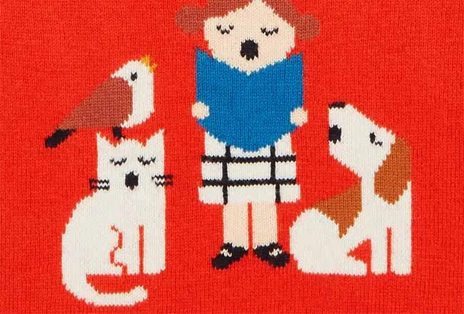 Red intarsia knit panel with children and animals motif by lpknit