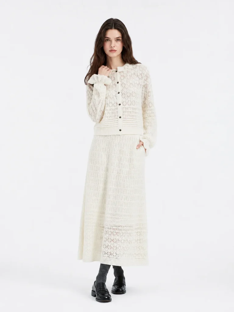 Wool Pointelle Button Cardigan — 100% Wool knitwear, view 5