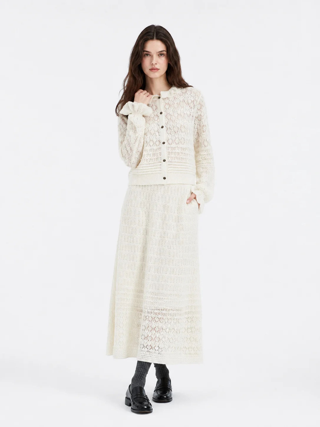 Wool Pointelle Button Cardigan — 100% Wool knitwear, view 5