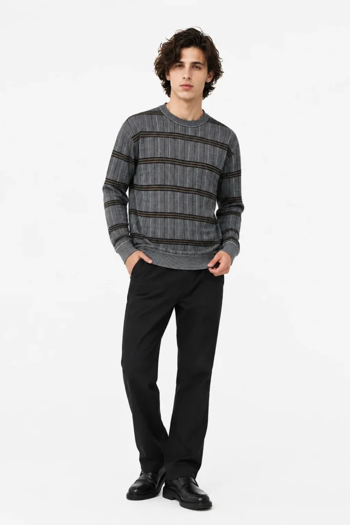 Striped Wool Blend Knit Sweater — 30.5% wool, 21.7% nylon, 47.8% polyester knitwear, view 5