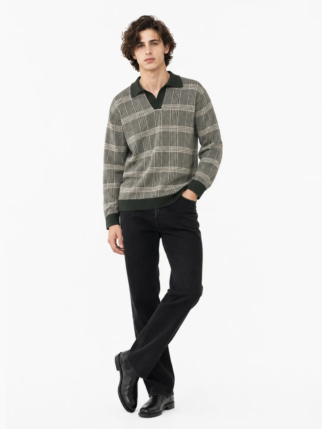 Checked Polo Knit Sweater — 30.5% wool, 21.7% acrylic, 47.8% knitwear, view 5