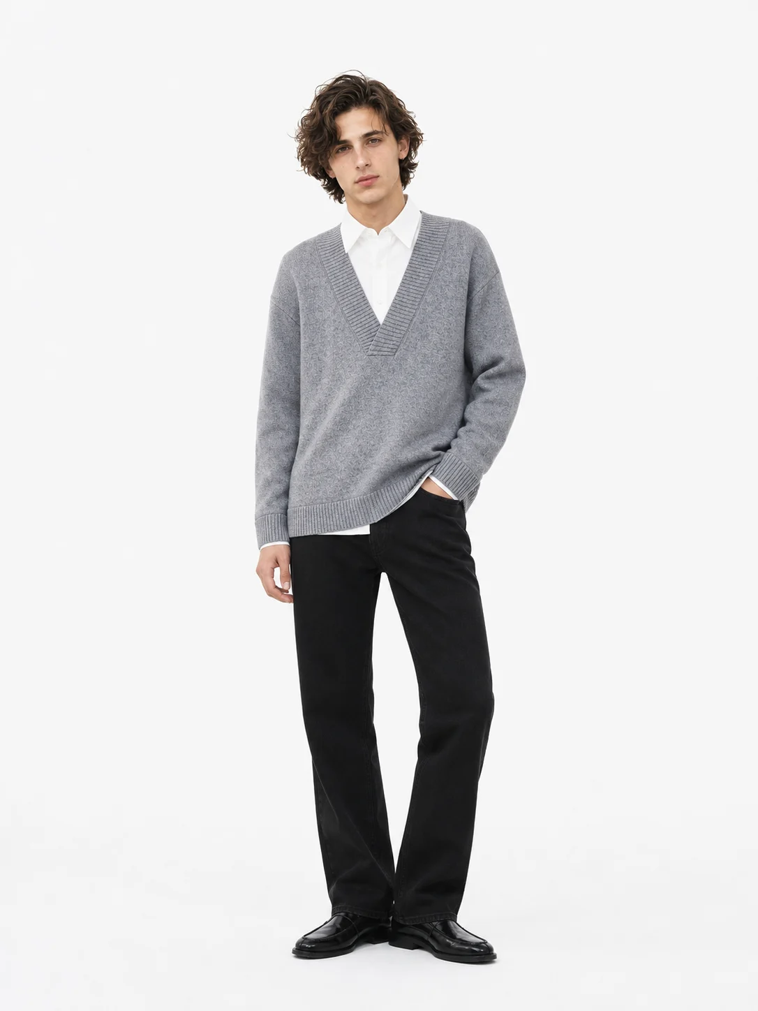 Grey Layered-Collar Knit Sweater — 34.9% wool, 13.2% nylon and 51.9% knitwear, view 5