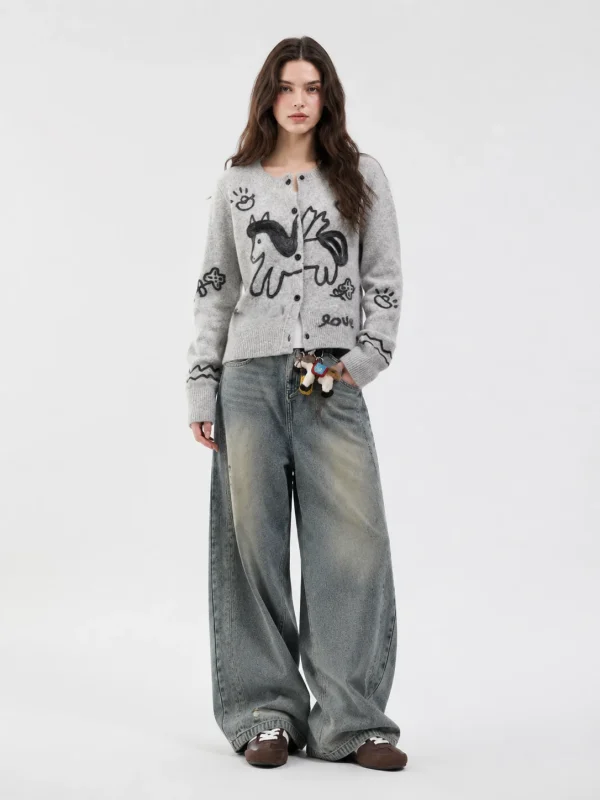 Illustrated Knit Button Cardigan — Polyester / Mulberry Silk / Spandex knitwear, view 5