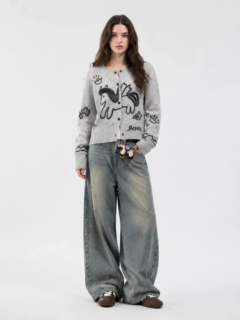 Illustrated Knit Button Cardigan — Polyester / Mulberry Silk / Spandex knitwear, view 5