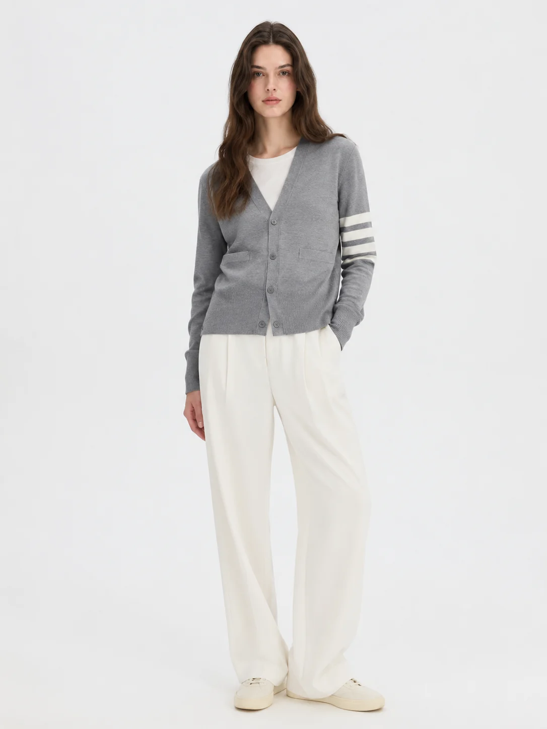 Striped Sleeve Knit Cardigan — Cotton / Acrylic / Polyester Blend knitwear, view 5