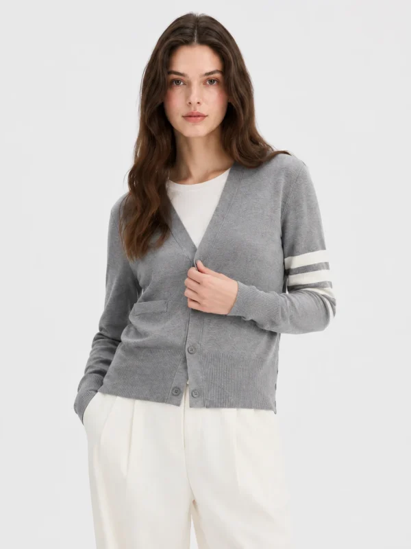 Striped Sleeve Knit Cardigan — Cotton / Acrylic / Polyester Blend knitwear by lpknit