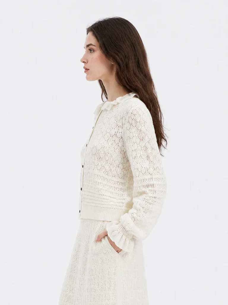 Wool Pointelle Button Cardigan — 100% Wool knitwear, view 4