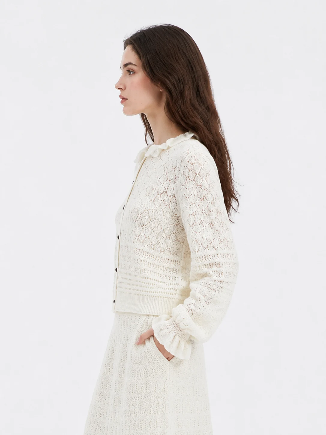 Wool Pointelle Button Cardigan — 100% Wool knitwear, view 4