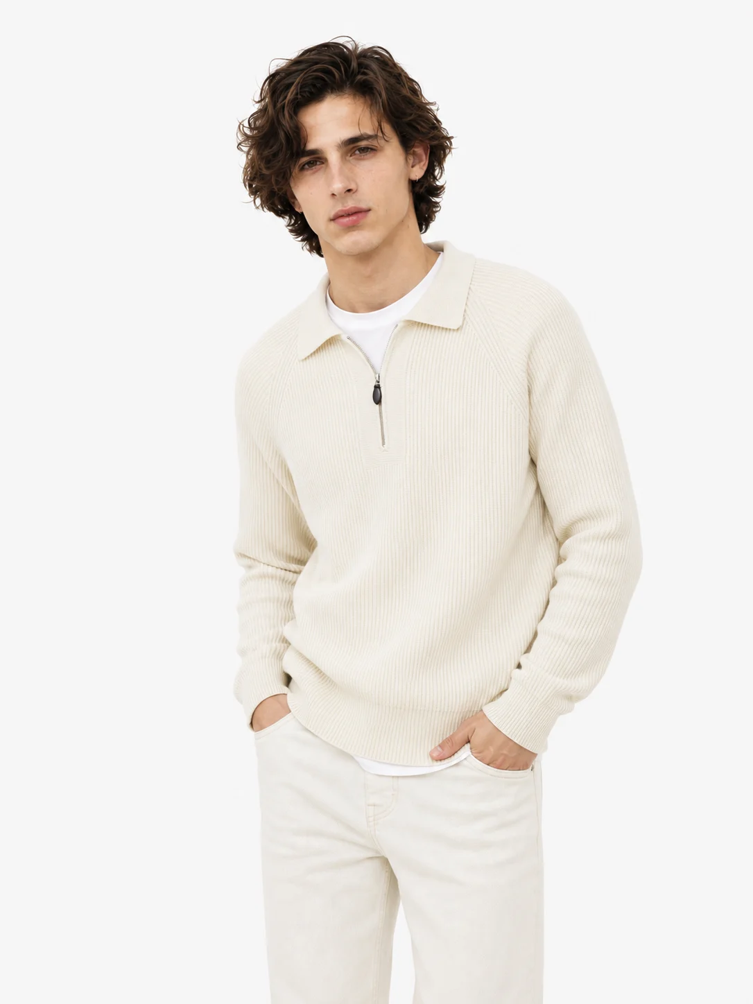 Ribbed Half-Zip Collar Sweater — 51.9% cotton, 34.9% wool, 13.2% cashmere knitwear, view 4