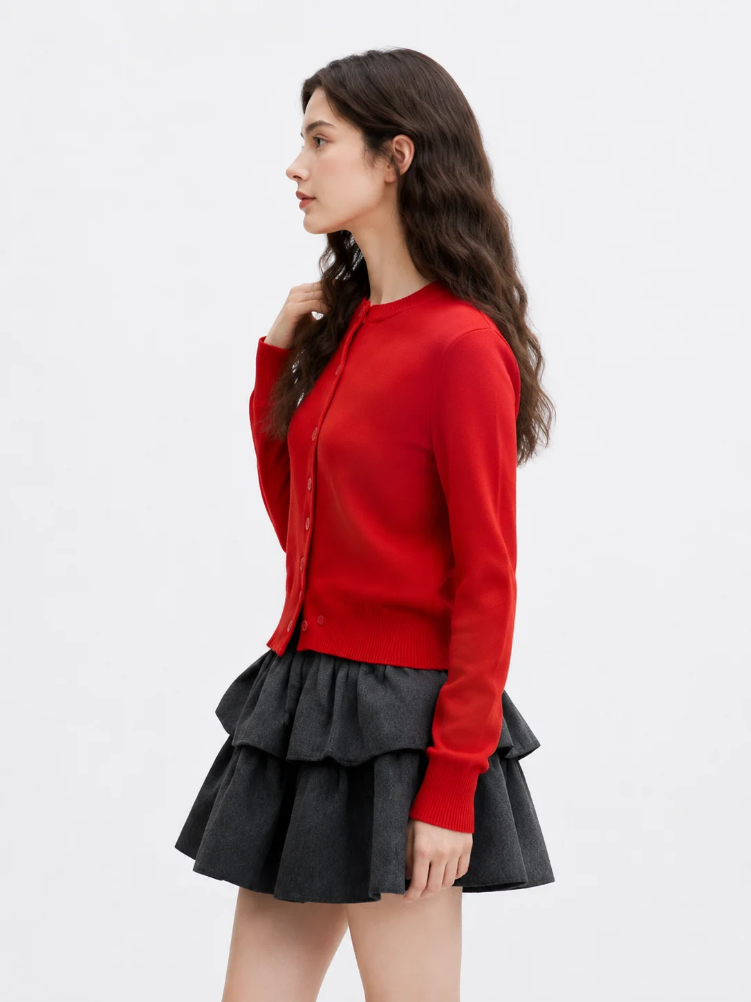 Fine-Knit Round-Neck Cardigan — Wool / Polyester / Viscose / Nylon Blend knitwear, view 4