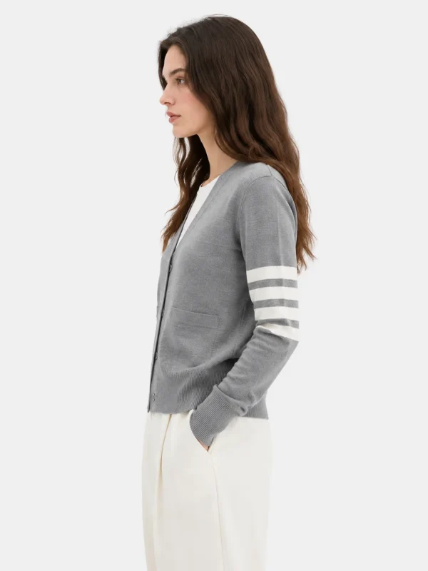 Striped Sleeve Knit Cardigan — Cotton / Acrylic / Polyester Blend knitwear, view 4