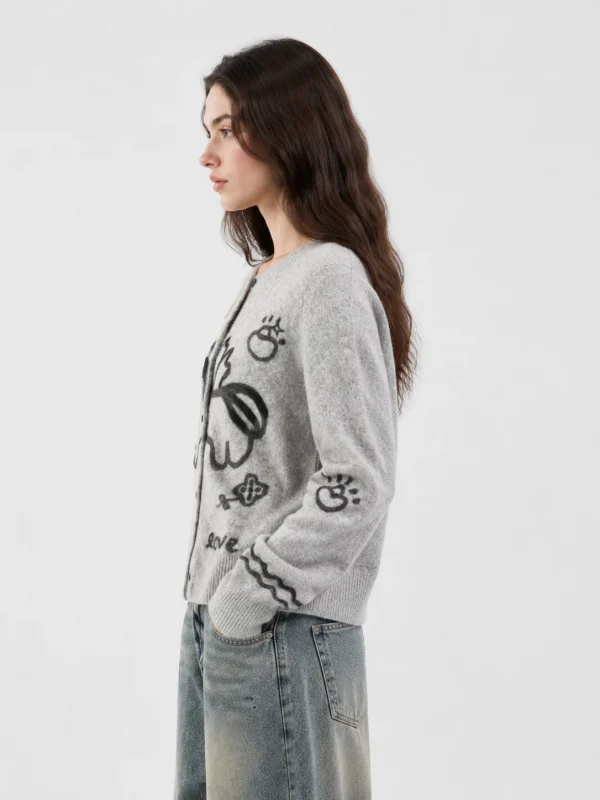 Illustrated Knit Button Cardigan — Polyester / Mulberry Silk / Spandex knitwear, view 4