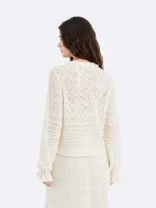 Wool Pointelle Button Cardigan — 100% Wool knitwear, view 3