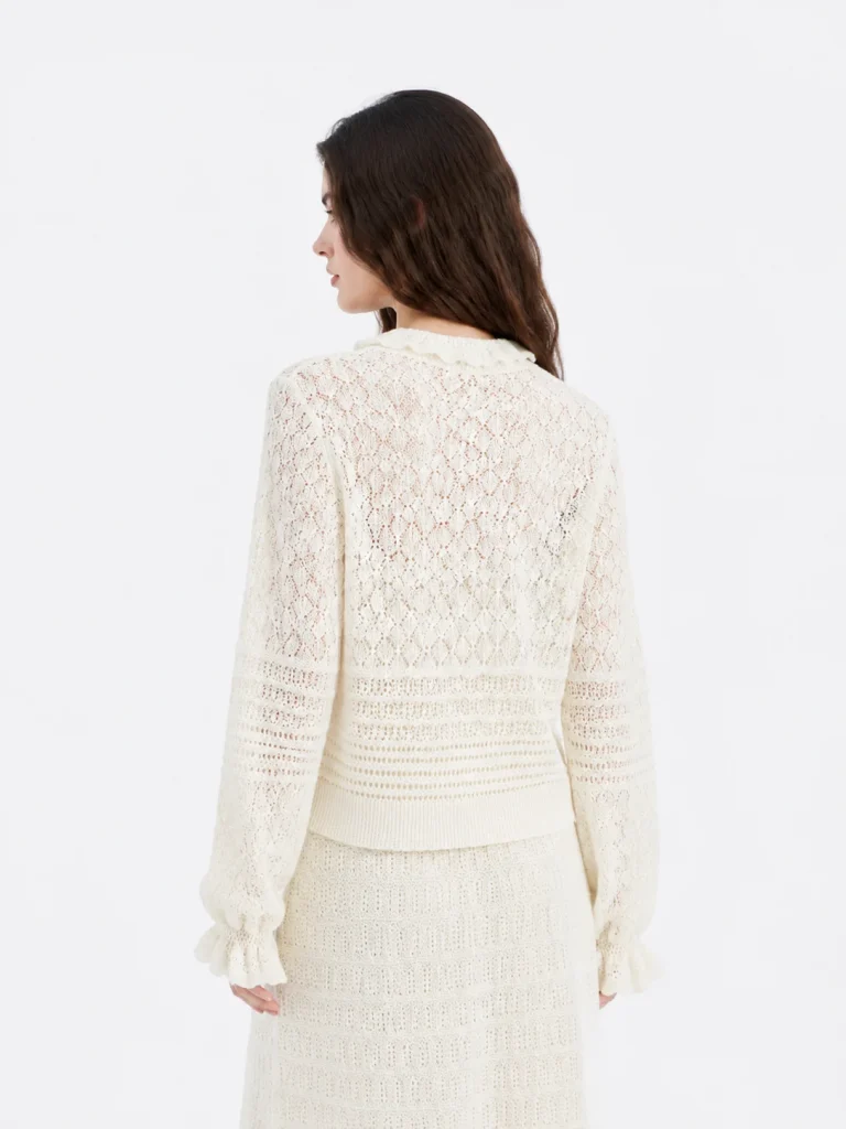 Wool Pointelle Button Cardigan — 100% Wool knitwear, view 3