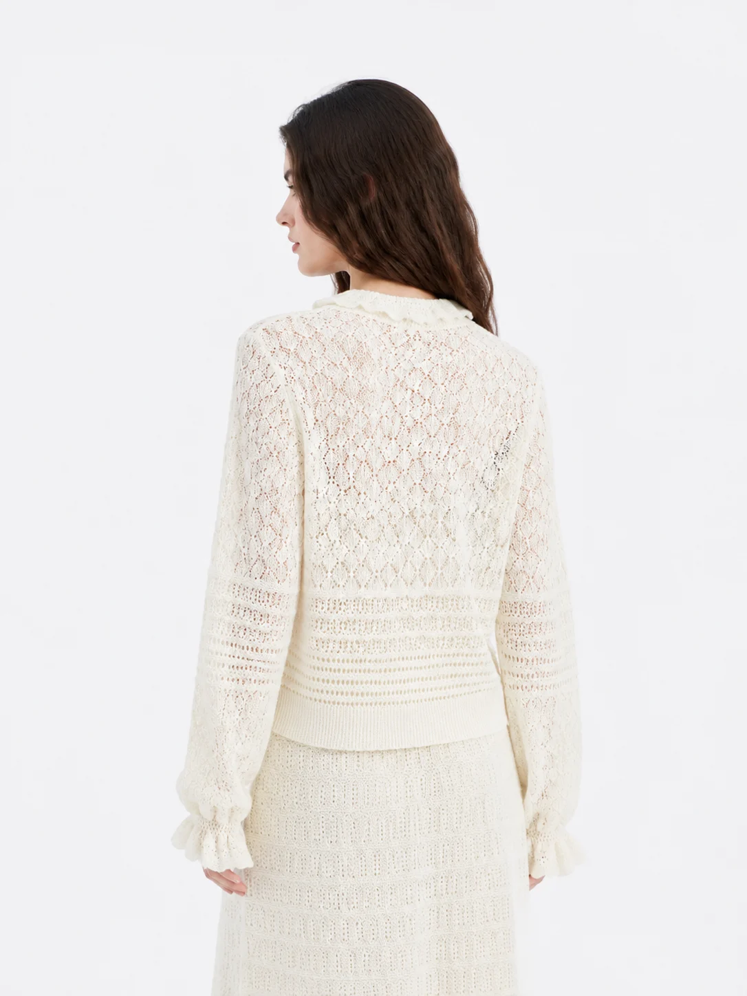 Wool Pointelle Button Cardigan — 100% Wool knitwear, view 3