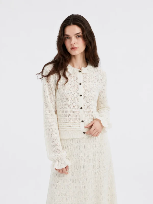 Wool Pointelle Button Cardigan — 100% Wool knitwear, view 2