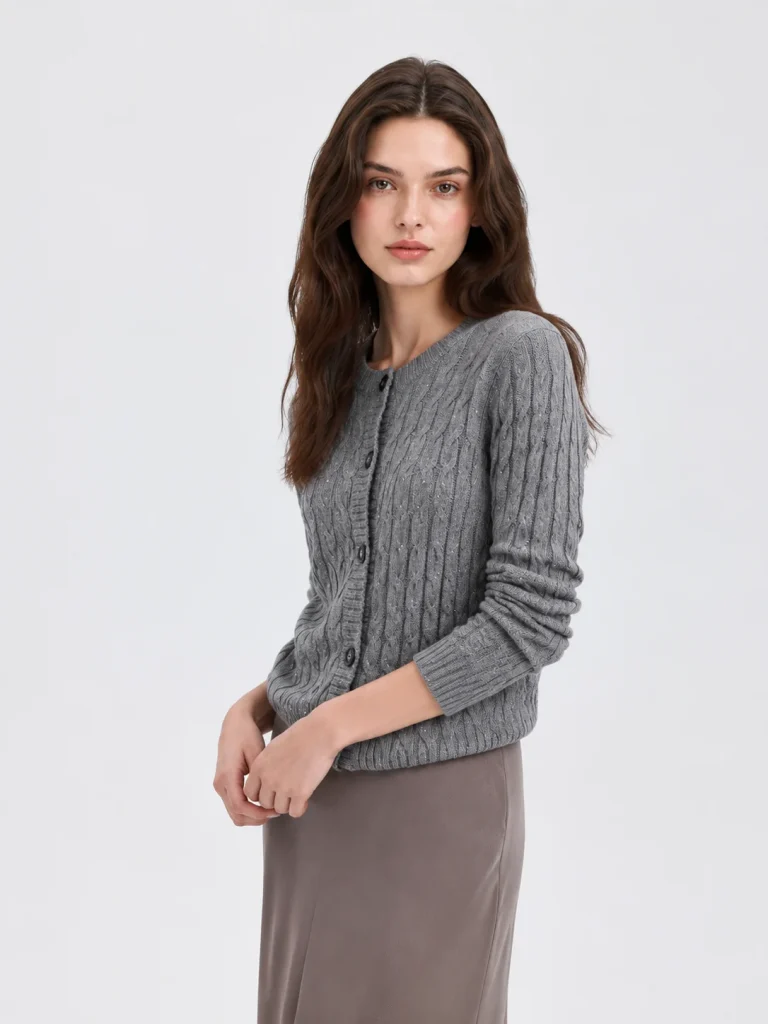 Cable-Knit Button Cardigan — Silk / Cashmere / Wool / Polyester Blend knitwear, view 2
