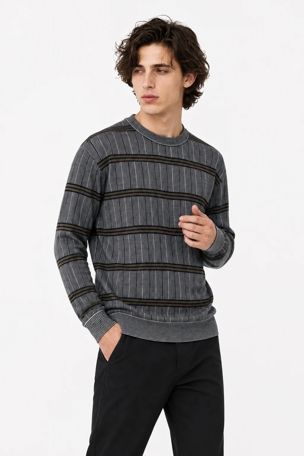 Striped Wool Blend Knit Sweater — 30.5% wool, 21.7% nylon, 47.8% polyester knitwear, view 2