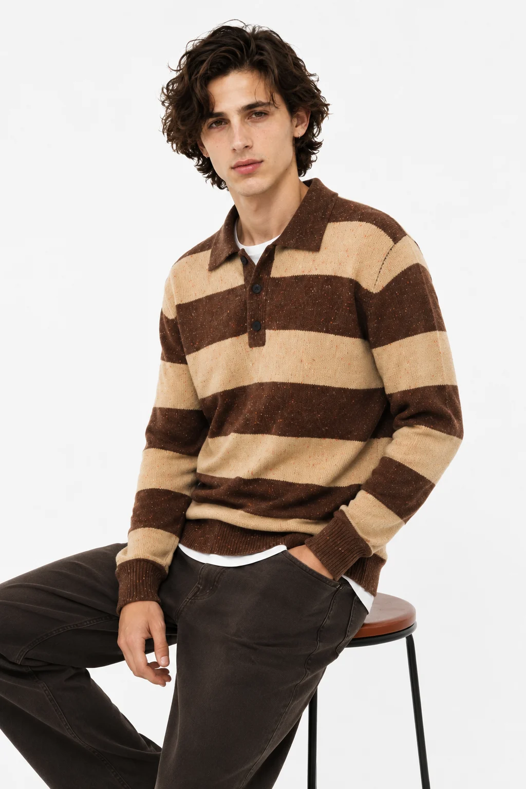 Striped Knit Polo Sweater — 5% wool, 7% cotton, 53% acrylic, and knitwear, view 2