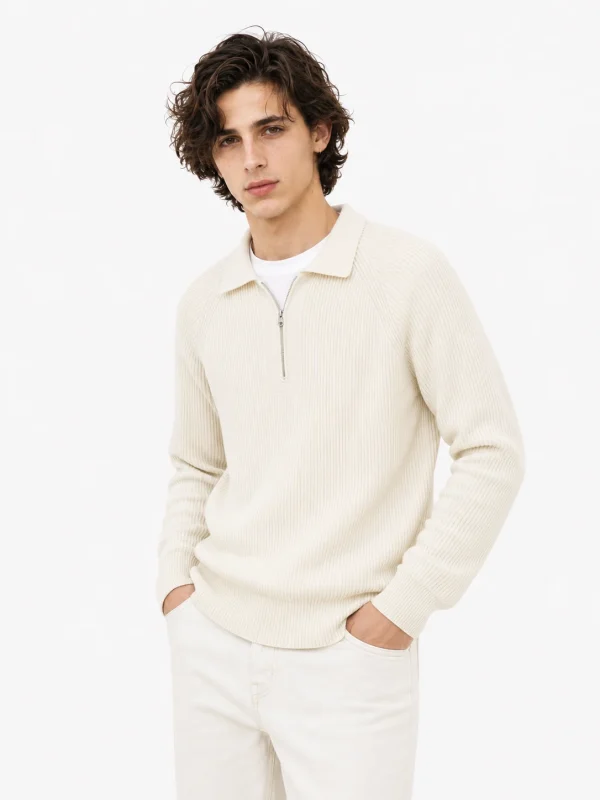 Ribbed Half-Zip Collar Sweater — 51.9% cotton, 34.9% wool, 13.2% cashmere knitwear, view 2