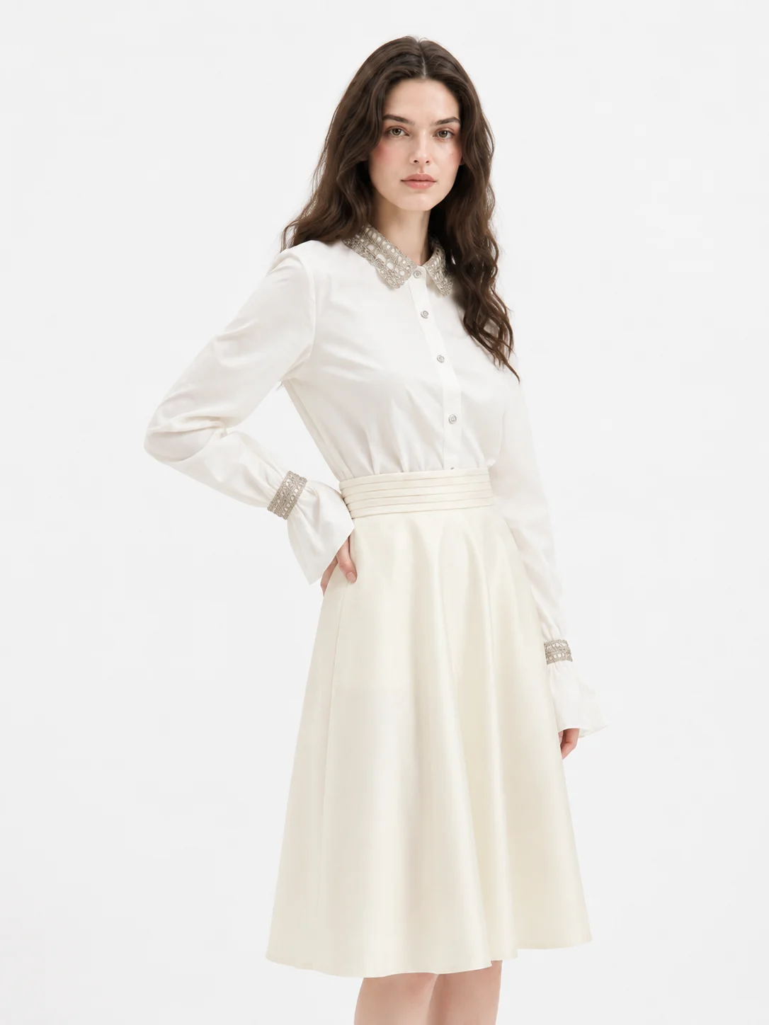 Cotton Shirt with Delicate Trim — 100% Cotton knitwear, view 2