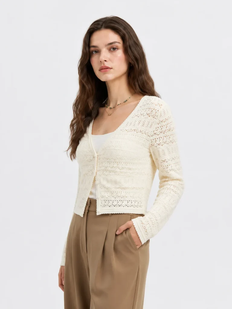 Openwork V-Neck Knit Cardigan — Cotton / Viscose Blend knitwear, view 2