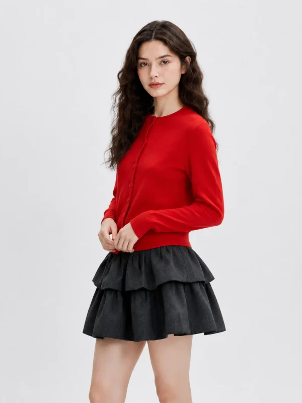 Fine-Knit Round-Neck Cardigan — Wool / Polyester / Viscose / Nylon Blend knitwear, view 2