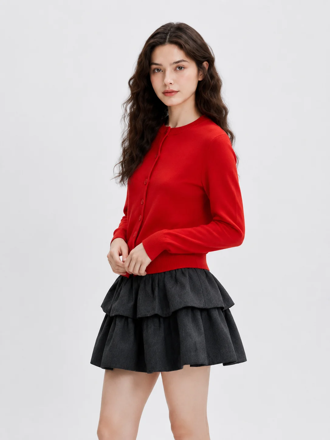 Fine-Knit Round-Neck Cardigan — Wool / Polyester / Viscose / Nylon Blend knitwear, view 2