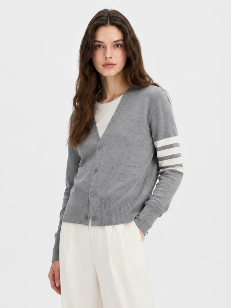 Striped Sleeve Knit Cardigan — Cotton / Acrylic / Polyester Blend knitwear, view 2