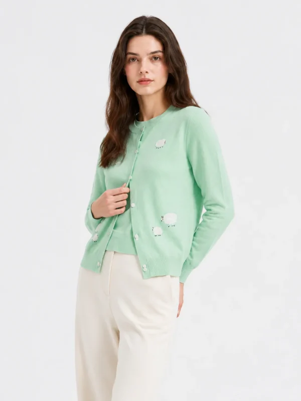 Wool Sheep Motif Cardigan — 100% Wool knitwear, view 2