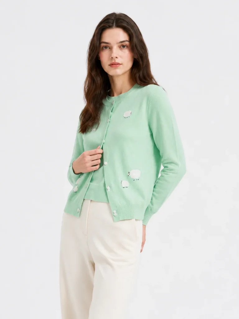 Wool Sheep Motif Cardigan — 100% Wool knitwear, view 2