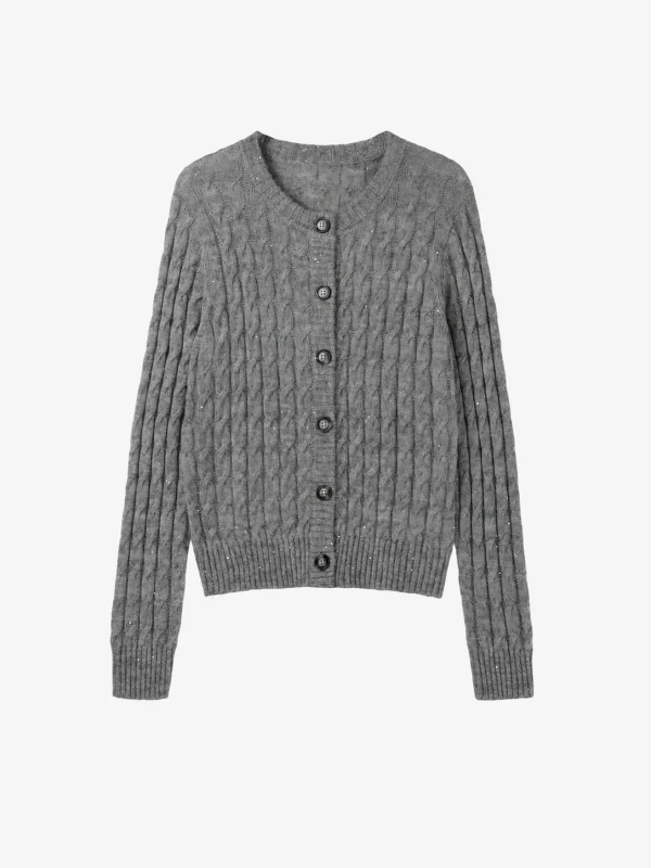 Cable-Knit Button Cardigan — Silk / Cashmere / Wool / Polyester Blend knitwear, view 6