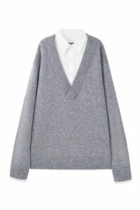 Grey Layered-Collar Knit Sweater — 34.9% wool, 13.2% nylon and 51.9% knitwear, view 6