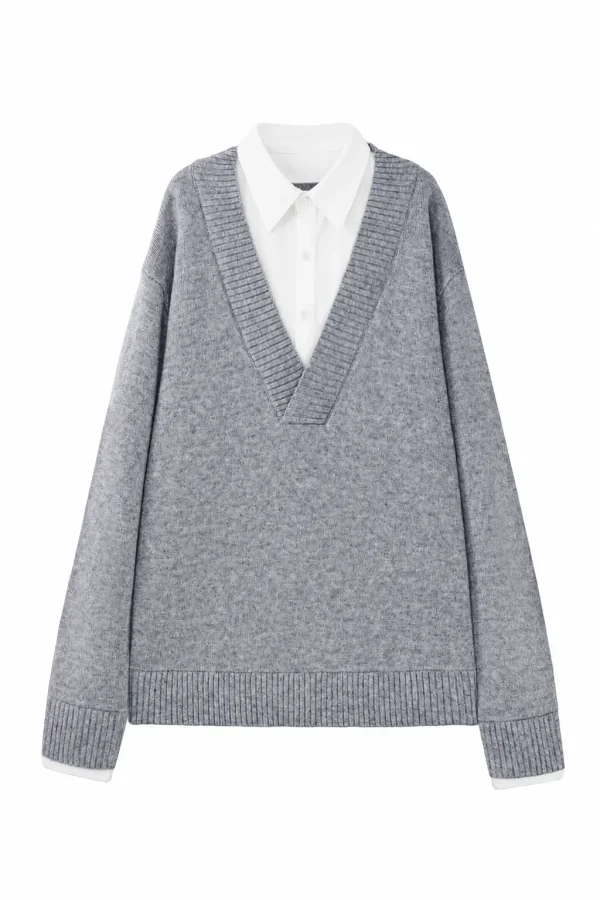 Grey Layered-Collar Knit Sweater — 34.9% wool, 13.2% nylon and 51.9% knitwear, view 6
