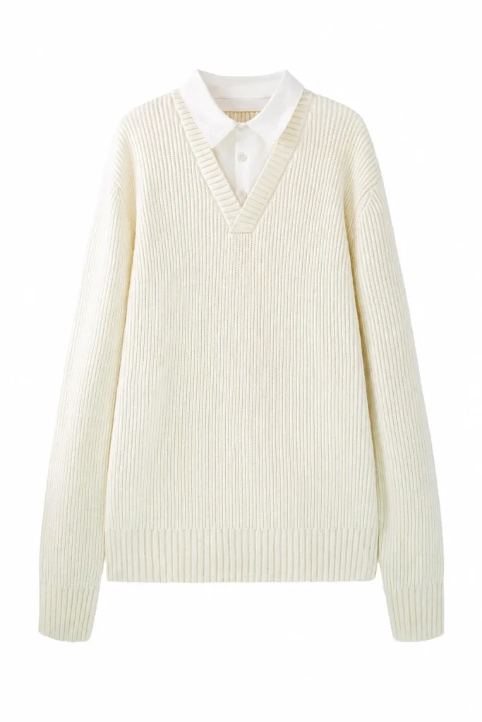 Ribbed V-Neck Layered Sweater — 34.9% cashmere and 13.2% nylon knitwear, view 6