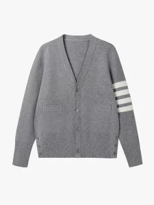 Striped Sleeve Knit Cardigan — Cotton / Acrylic / Polyester Blend knitwear, view 6