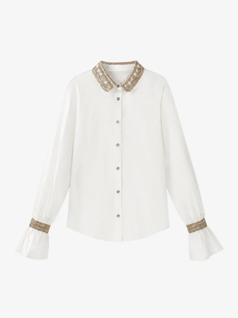 Cotton Shirt with Delicate Trim — 100% Cotton knitwear, view 6