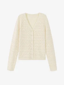 Openwork V-Neck Knit Cardigan — Cotton / Viscose Blend knitwear, view 6