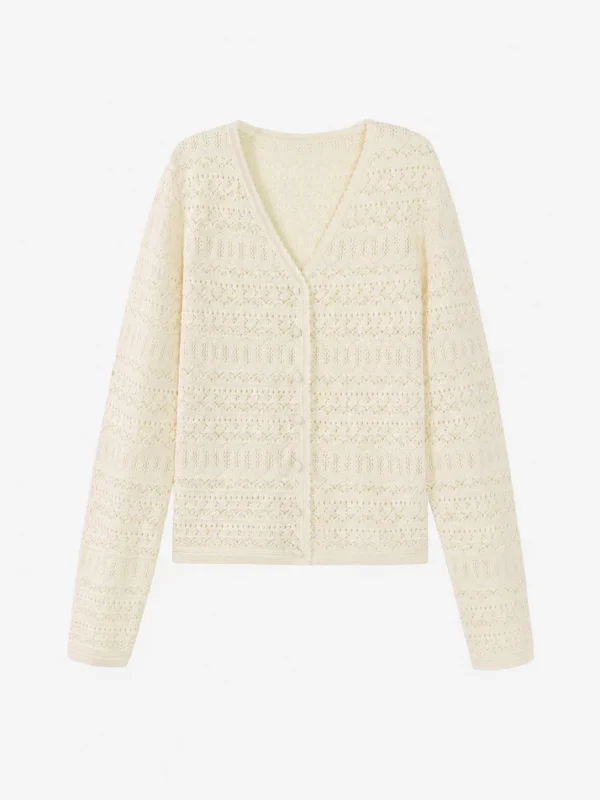 Openwork V-Neck Knit Cardigan — Cotton / Viscose Blend knitwear, view 6