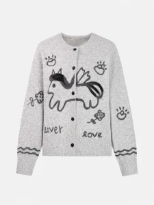 Illustrated Knit Button Cardigan — Polyester / Mulberry Silk / Spandex knitwear, view 6