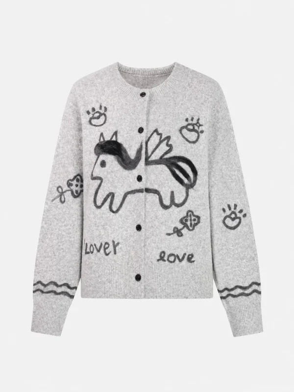 Illustrated Knit Button Cardigan — Polyester / Mulberry Silk / Spandex knitwear, view 6