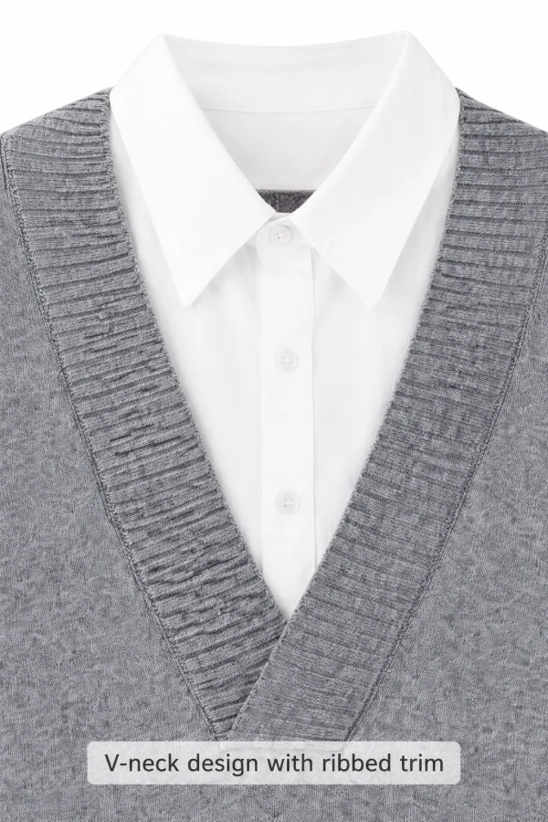 Grey Layered-Collar Knit Sweater — 34.9% wool, 13.2% nylon and 51.9% knitwear, view 7