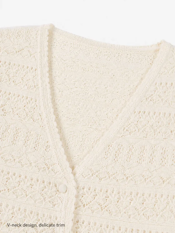 Openwork V-Neck Knit Cardigan — Cotton / Viscose Blend knitwear, view 7
